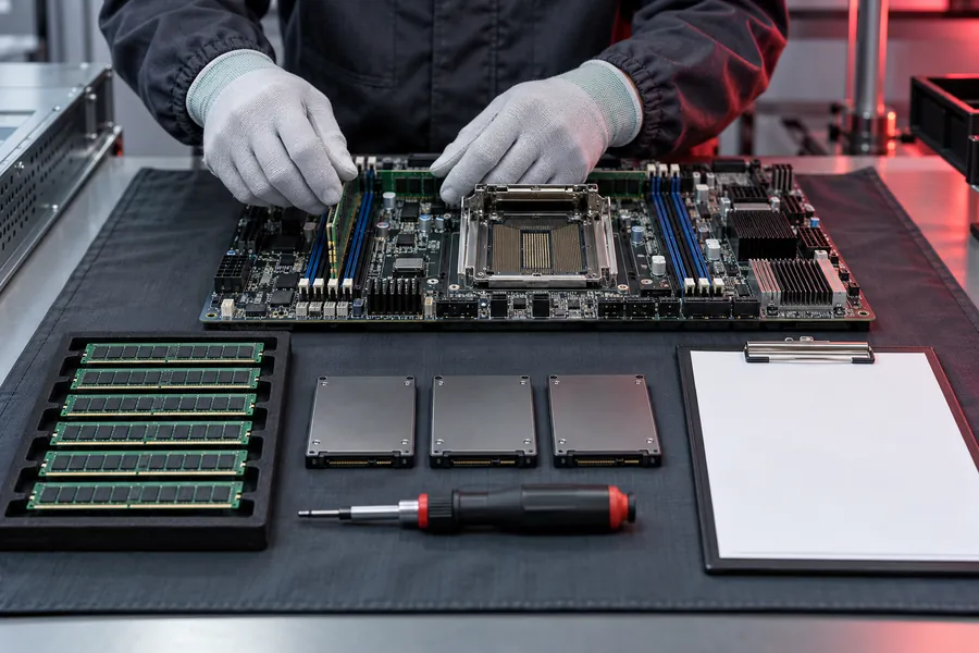 Illustration: gloved hands pressing a memory module into a server board on an anti-static mat, with drives and memory laid out beside it
