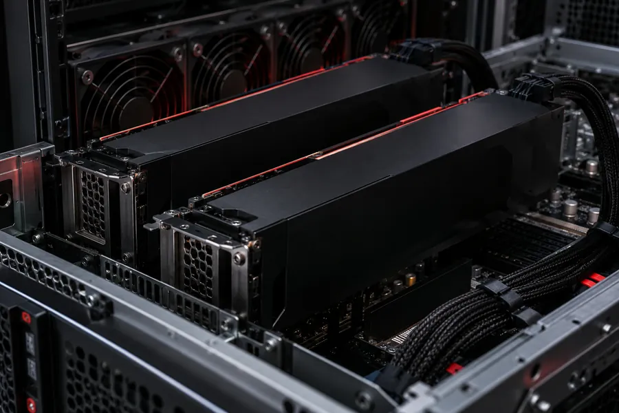 Illustration: two large graphics accelerator cards seated side by side inside an open rack server