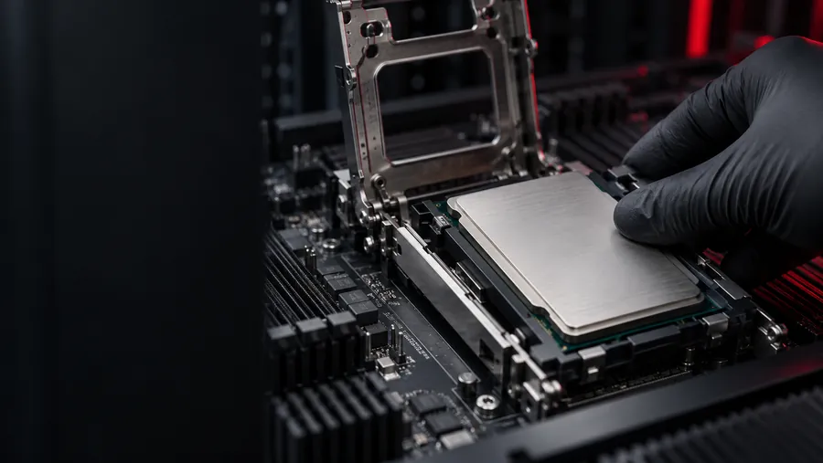 Illustration: a large rectangular server processor in a carrier frame being slid into its socket bracket