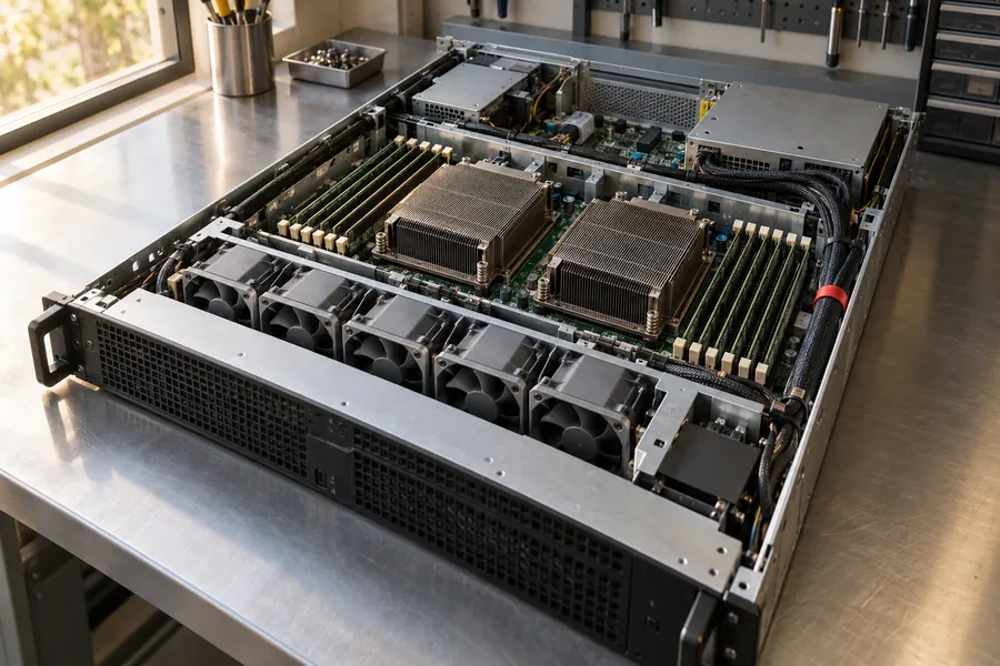 Illustration: an older two-processor rack server with its lid off on a workshop bench, two wide heatsinks and long rows of memory