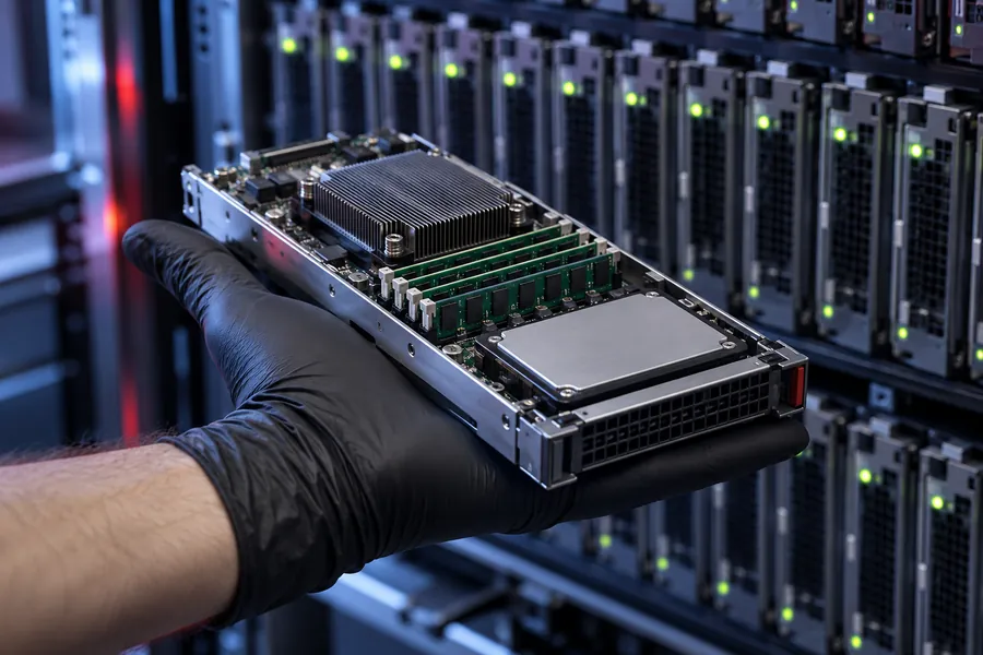 Illustration: a slim server cartridge resting on a gloved palm in front of a chassis full of identical cartridges
