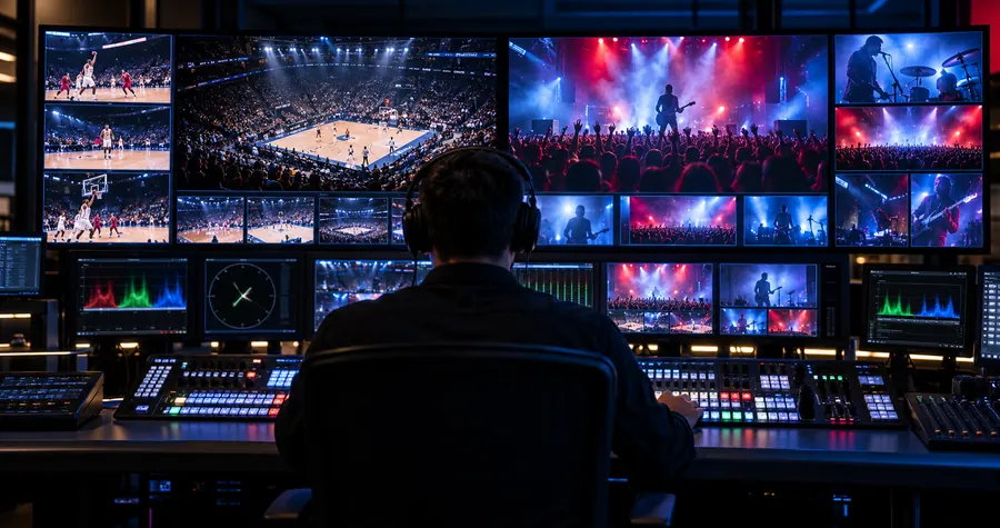 Ilustrație: un pupitru de producție live cu un perete de monitoare și un mixer video