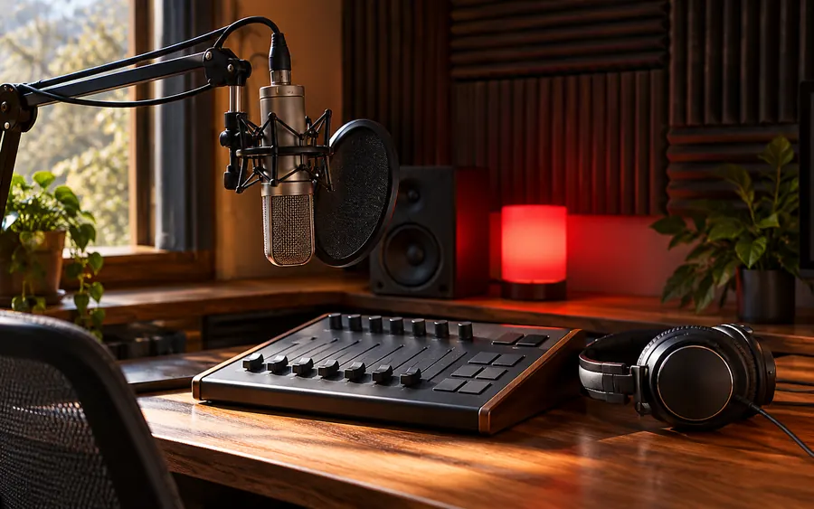 Ilustrație: un colț de studio radio cu un microfon cu condensator, un mixer mic și o lampă roșie de emisie