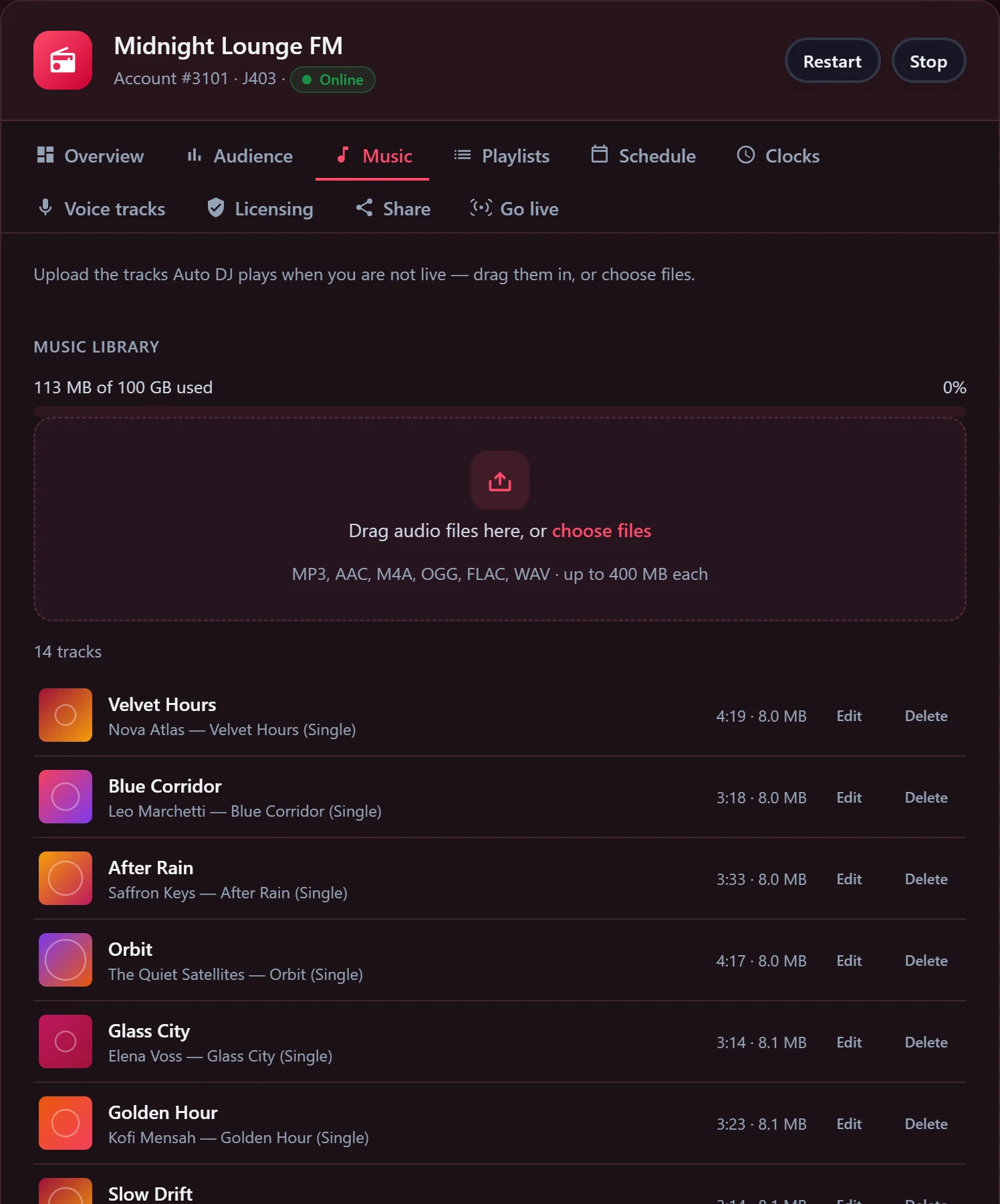 Music library with drag-and-drop uploads and the station's tracks listed with album, length and size