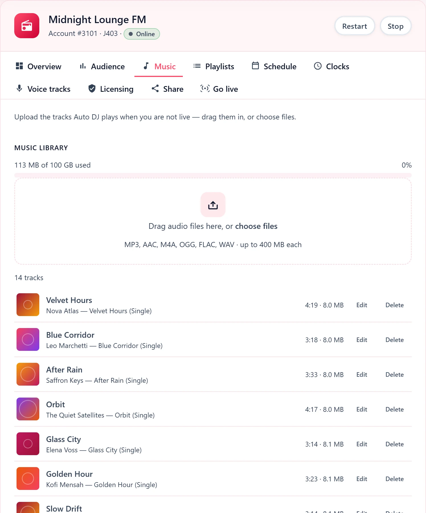 Music library with drag-and-drop uploads and the station's tracks listed with album, length and size