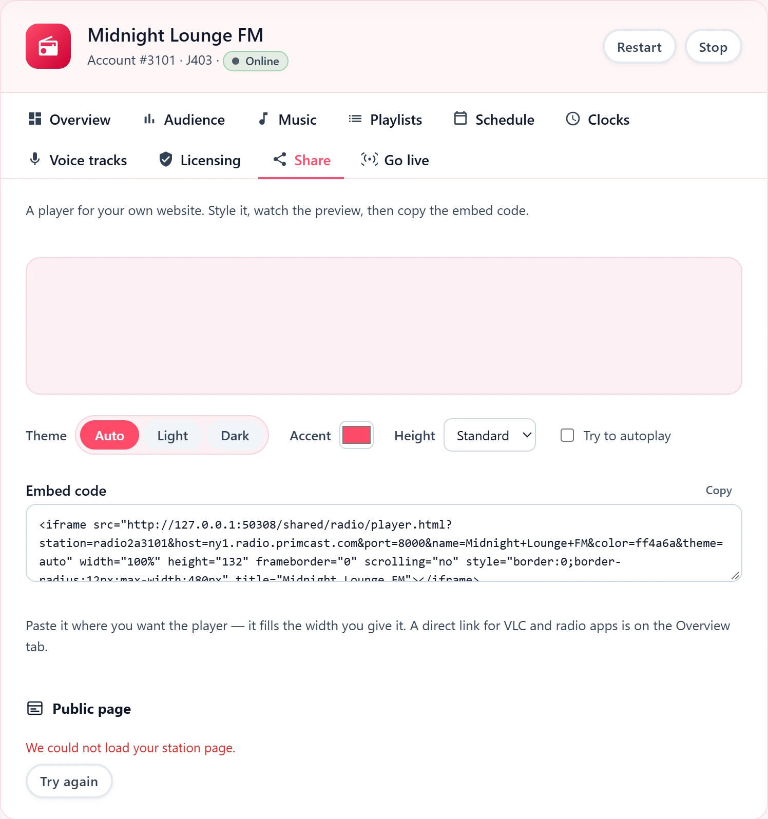 Freigabeoptionen im Radio-Panel: der sichere https-Stream-Link, der Web-Player und die Senderseite