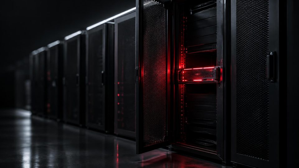 Ilustrație: un rând de dulapuri de server întunecate, cu o ușă deschisă și un singur server luminat în roșu